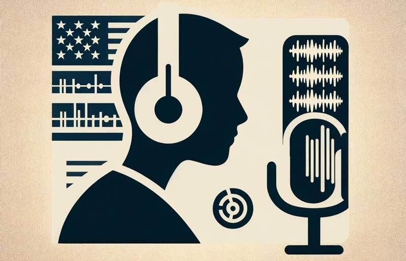 minimalistic image for the topic "Accent Analysis and Self-Assessment," featuring a silhouette of a person with headphones, symbolizing an ESL teacher engaged in self-assessment for American accent training. The background is clean and straightforward, with subtle indications of speech analysis.