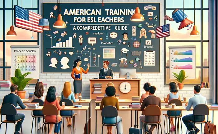 American-Accent-Training-for-ESL-Teachers The scene depicts a diverse group of ESL teachers in a classroom environment, engaging in American accent training activities.