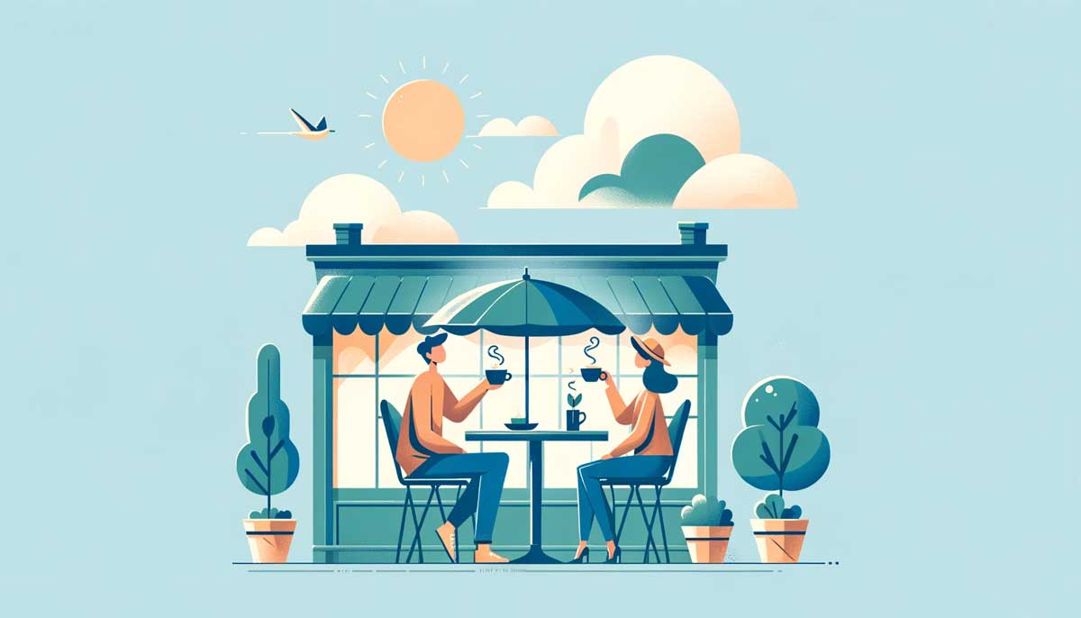 Casual coffee date at an outdoor café, symbolizing comfortable conversation and budding romance in American dating.