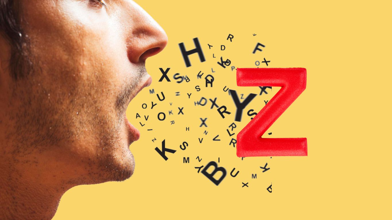 A close-up illustration of a person pronouncing the American /z/ sound, showing tongue near the alveolar ridge and vocal cord vibration.