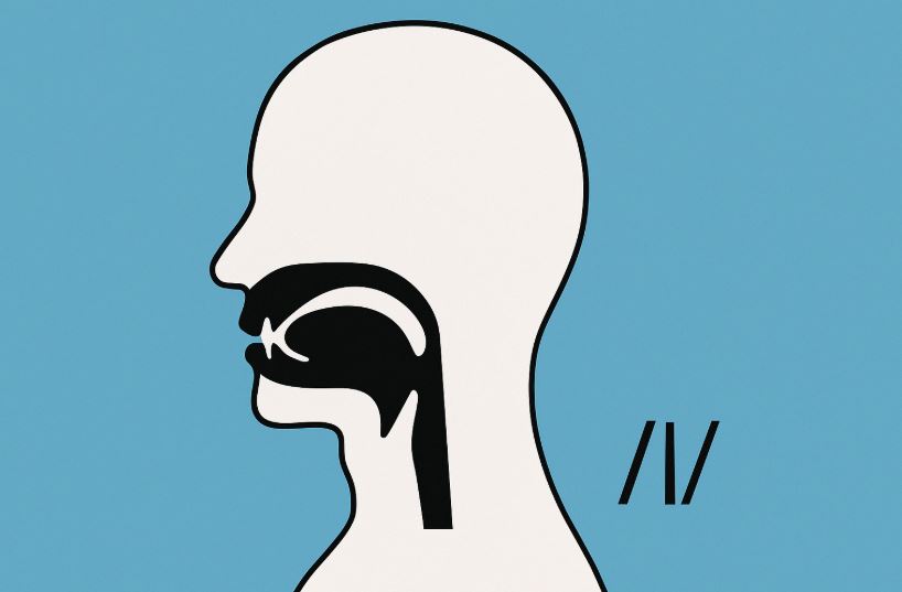 Minimalist side profile of a human head showing tongue placement for the /l/ sound, with tongue tip raised to the alveolar ridge and airflow path suggested, set against a simple blue background.