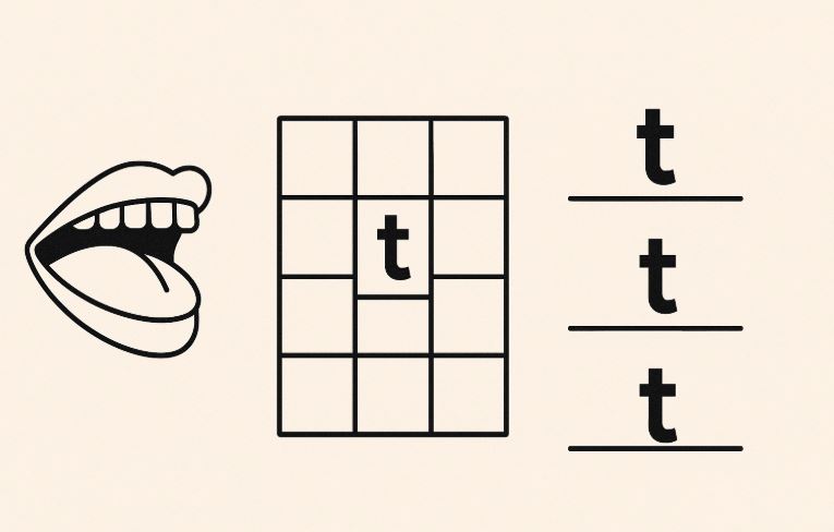 A minimal illustration showing three positions of the tongue inside the mouth to represent different placements of the American /t/ sound.