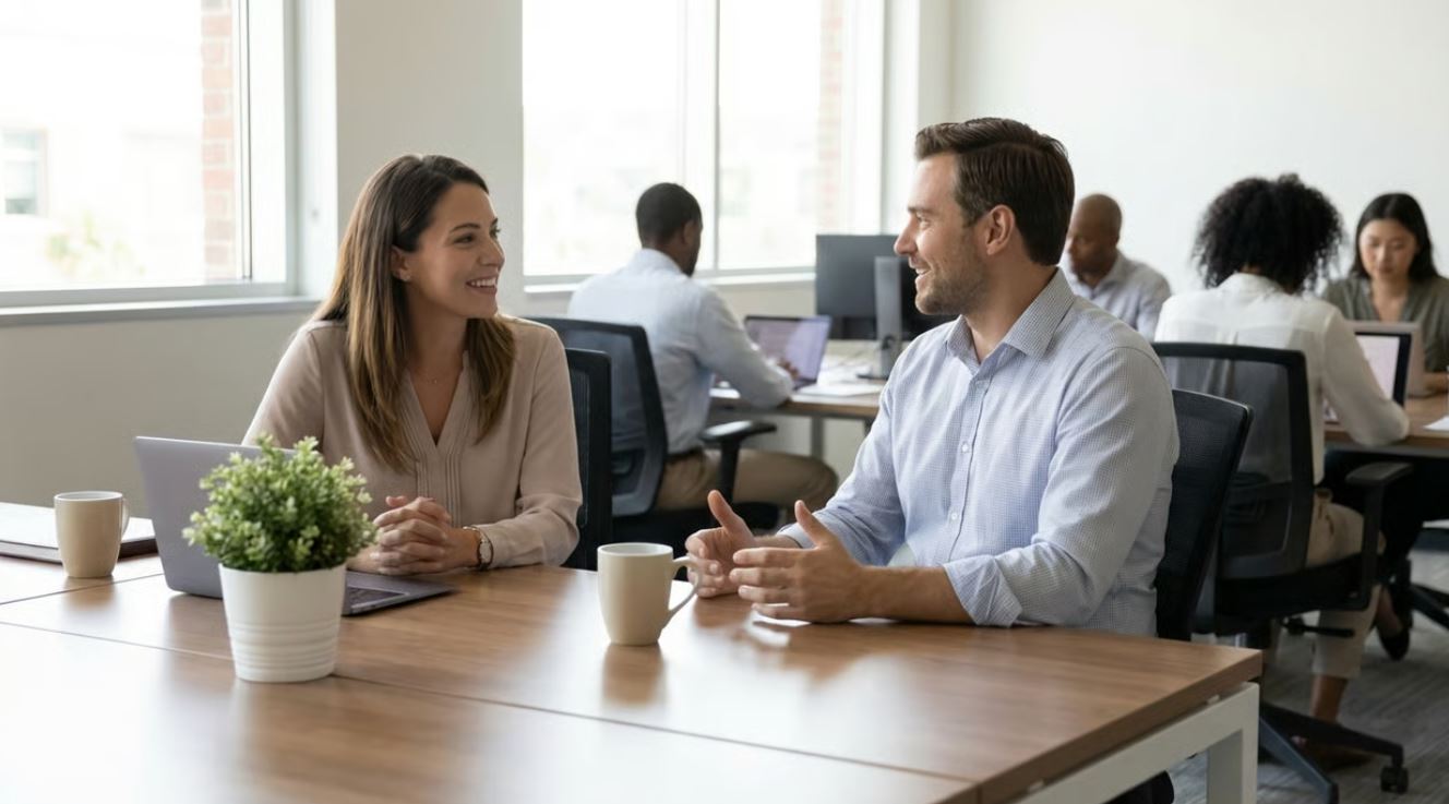 Asking a Manager for Help Employee asking a manager for help at work in a professional American office setting.