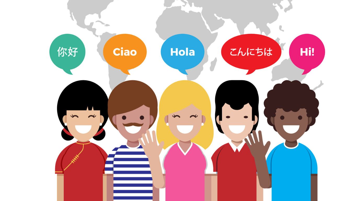 Cartoon illustration of five smiling individuals from diverse cultural backgrounds, each with a speech bubble greeting in different languages: Chinese (你好), Italian (Ciao), Spanish (Hola), Japanese (こんにちは), and English (Hi!). A world map appears in the background, highlighting global language diversity.