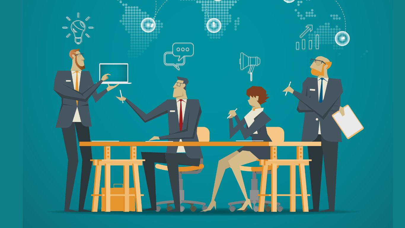 Vector graphic of four businesspeople in formal attire sitting and standing around a conference table, engaged in discussion. Icons above them represent ideas, charts, messages, and global connections, illustrating professional communication and teamwork.