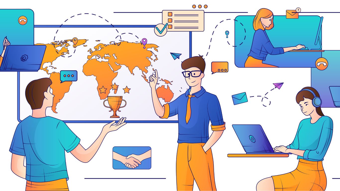 Colorful illustration showing people working on laptops with a world map in the background. Icons of messages, emails, checklists, and paper planes symbolize global teamwork, remote collaboration, and digital communication.