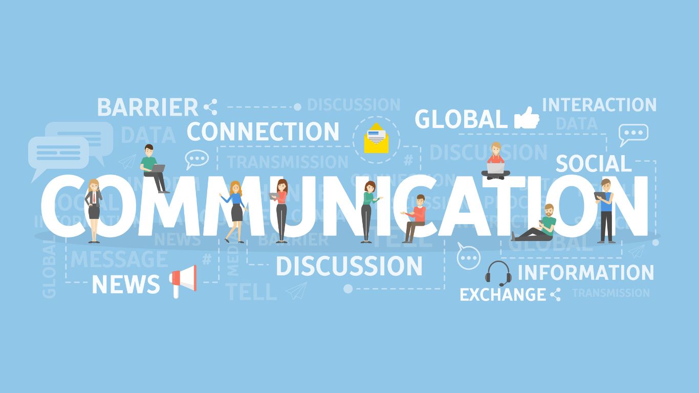 Illustration of the word "COMMUNICATION" in bold white letters, surrounded by small cartoon characters using laptops and phones. Keywords like "connection," "discussion," "global," "barrier," and "information" appear in the background, representing various aspects of communication.