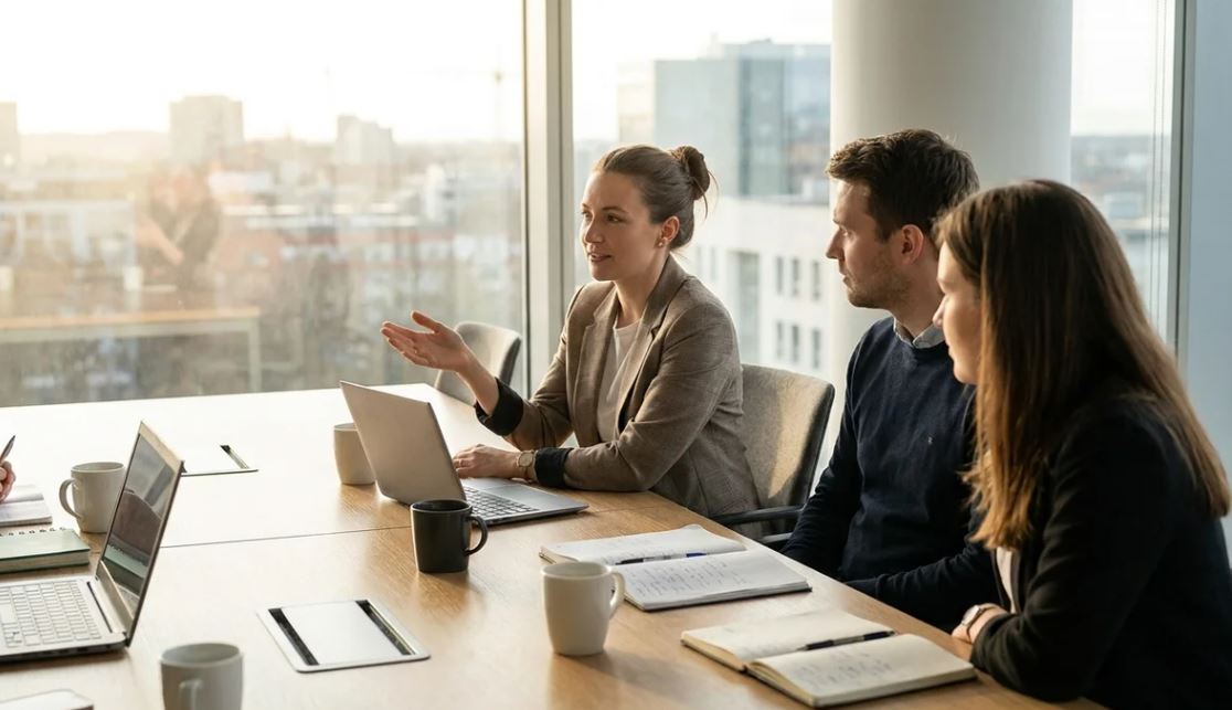 Professional responding calmly with “I’ll look into it” during workplace discussion.