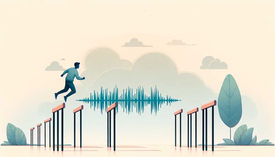 Common-Challenges-in-Accent-Reduction-Training It visually represents the concept of overcoming linguistic challenges, with a simple illustration of a person jumping over a hurdle made of speech waveforms or phonetic symbols for Common Challenges in Accent Reduction Training.
