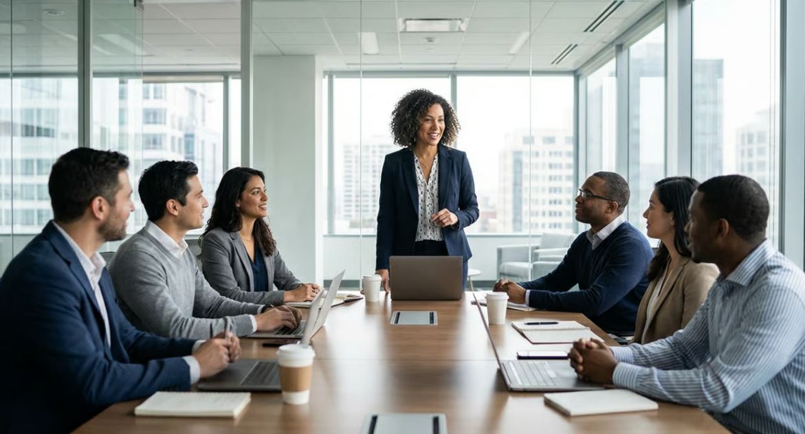 Corporate Team Introduction – In-Person Meeting Professional employee introducing herself to a new team in a modern office meeting room during corporate onboarding session.