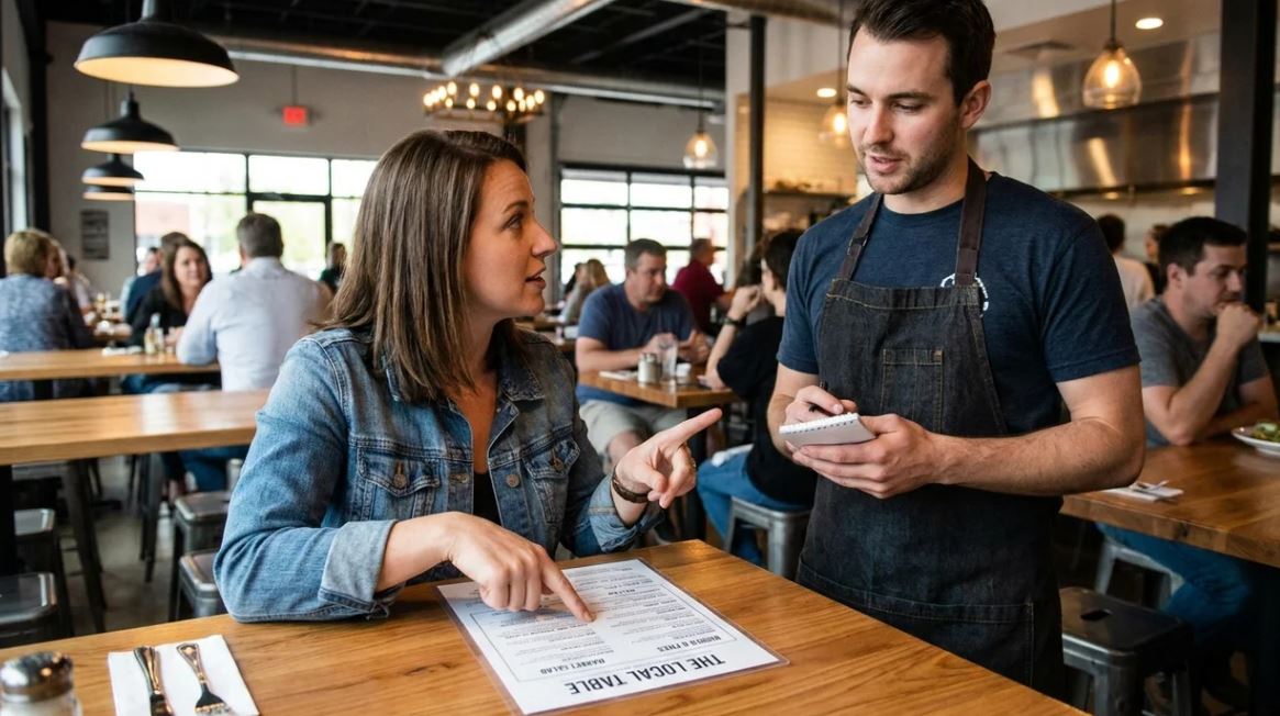 Customer requesting a food substitution while ordering from a server at an American restaurant.
