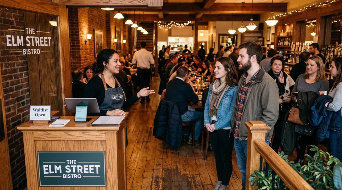 Customer waiting for a table at a busy American restaurant after speaking with the host about wait times.
