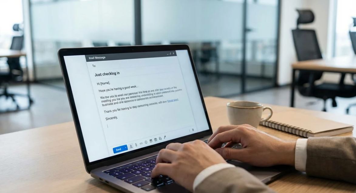 Close-up of laptop showing business email with “just checking in” follow-up message in American workplace.