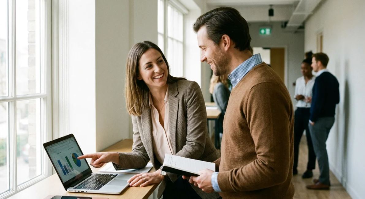 Coworkers continuing discussion after meeting using “let’s take this offline”.