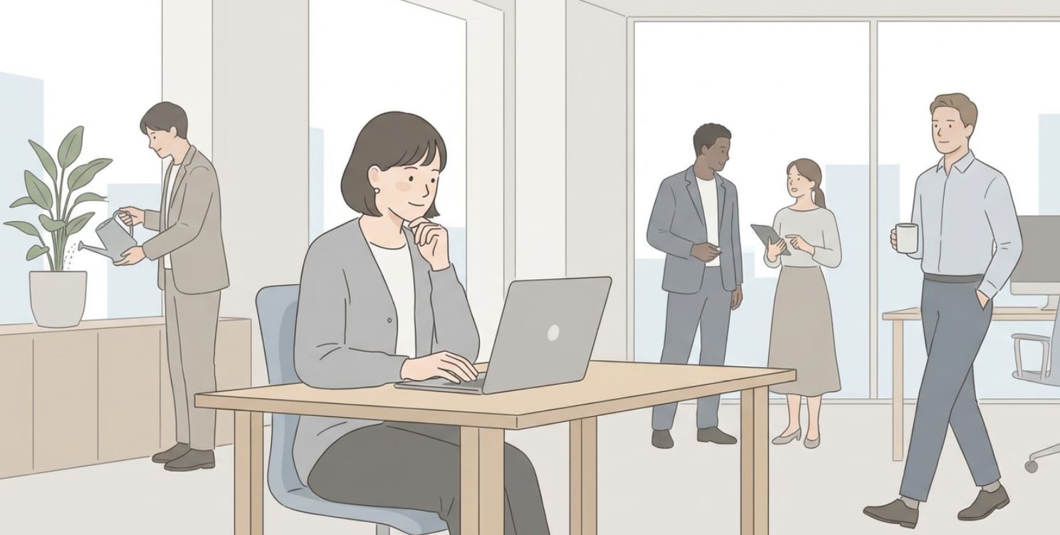Professional office scene showing following up at work through a calm and respectful email reminder.