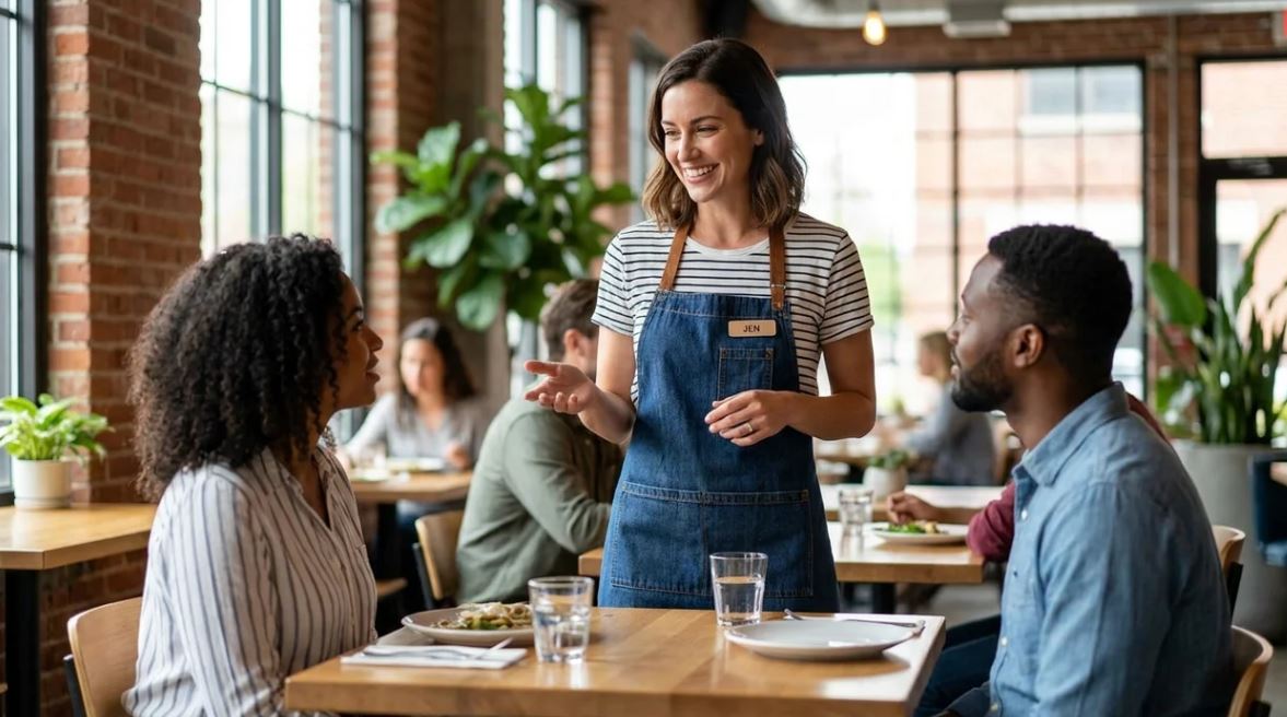 Friendly American restaurant server making small talk with customers at a restaurant table.