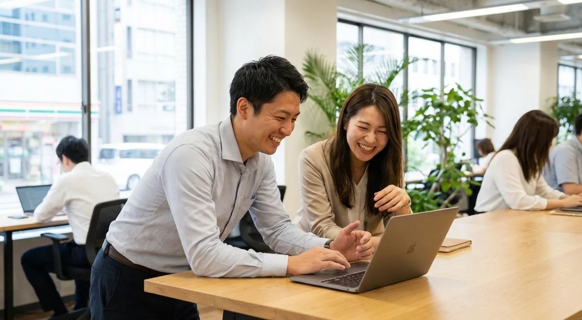 Coworkers collaborating in a friendly and professional workplace environment.