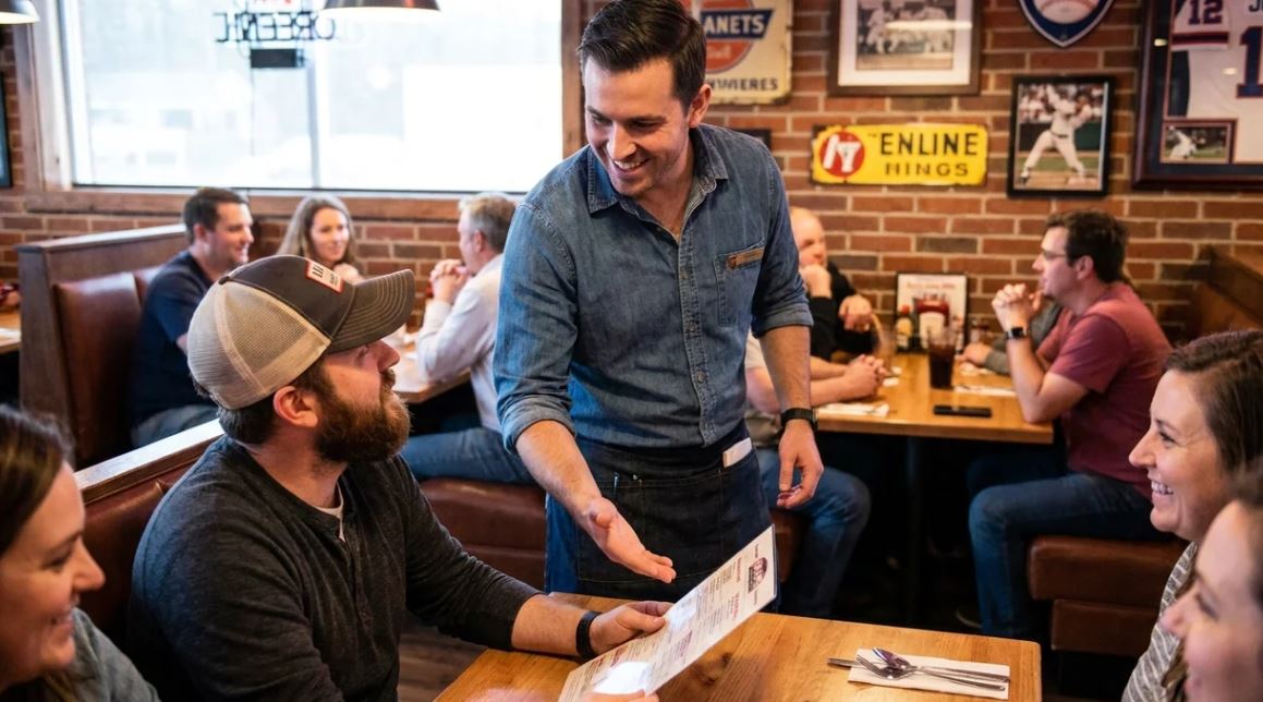 Restaurant server recommending popular menu items to a customer in a U.S. restaurant.