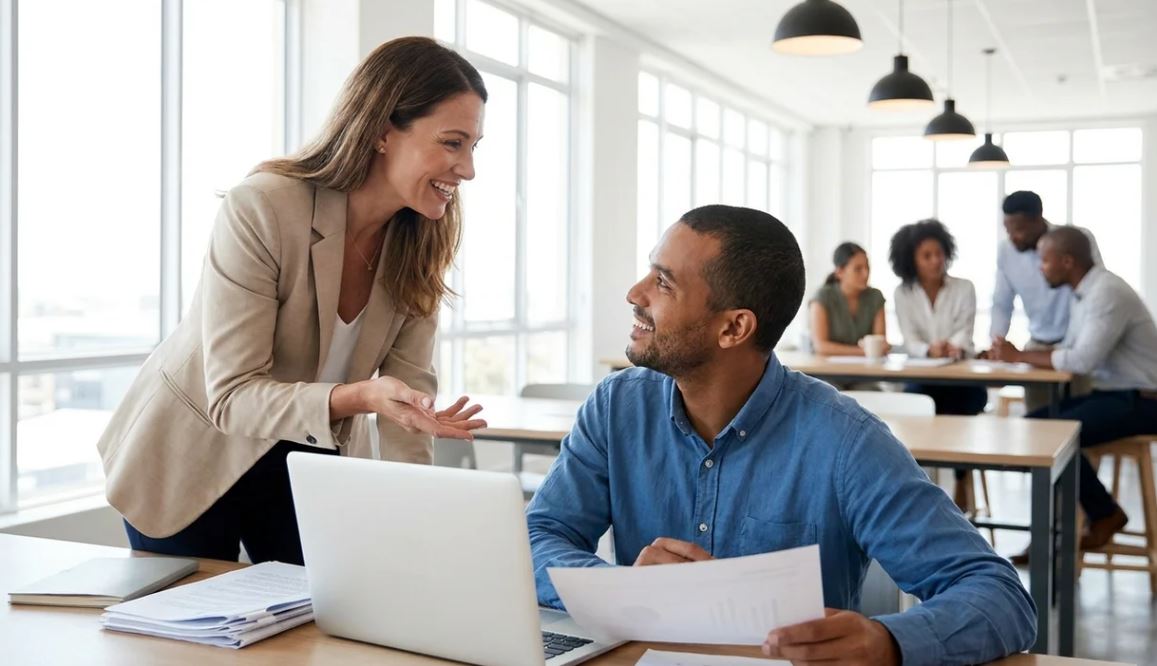 Employee making polite request using “I was wondering if” in workplace conversation.