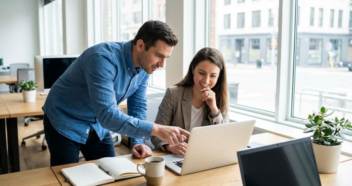 Employee giving constructive feedback on presentation in a professional office setting.