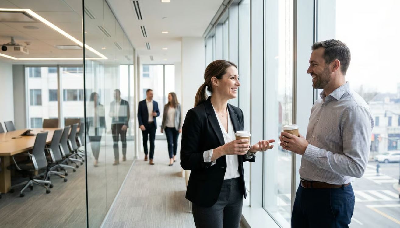 Casual small talk at work between coworkers in an office hallway.