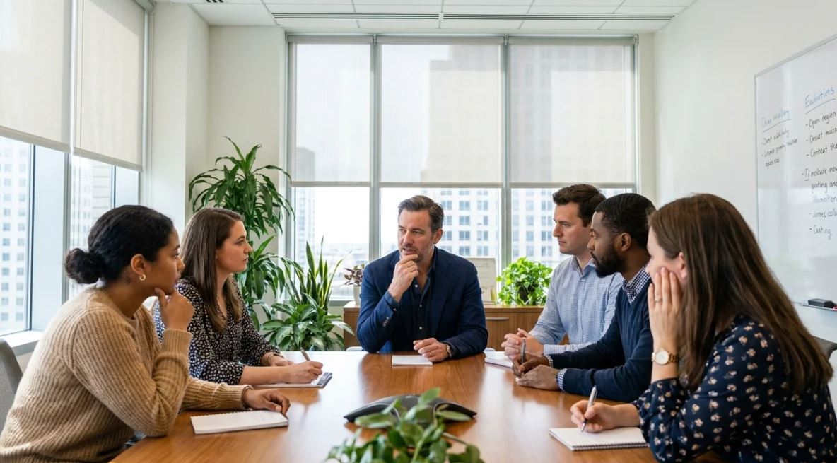 Professional using "I may be wrong but" to share opinion in workplace meeting.