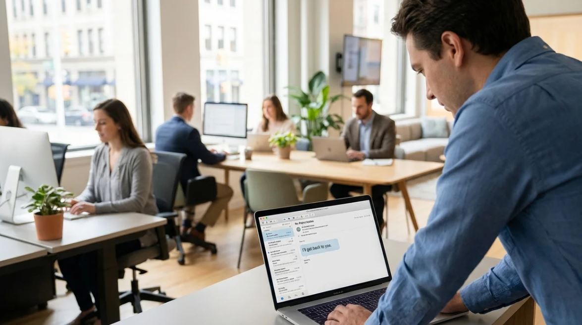 Professional reading email message saying "I'll get back to you" in modern American office workplace.