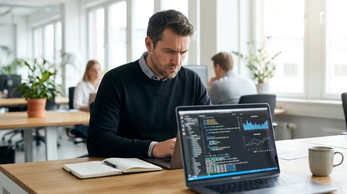 Employee investigating issue after saying “I’ll look into it” in workplace.