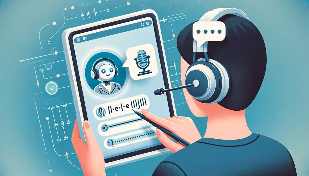 An individual engaging with an interactive learning interface on a tablet for pronunciation apps, with a friendly chatbot providing feedback. The person is wearing headphones and speaking into a microphone, indicating active language practice.