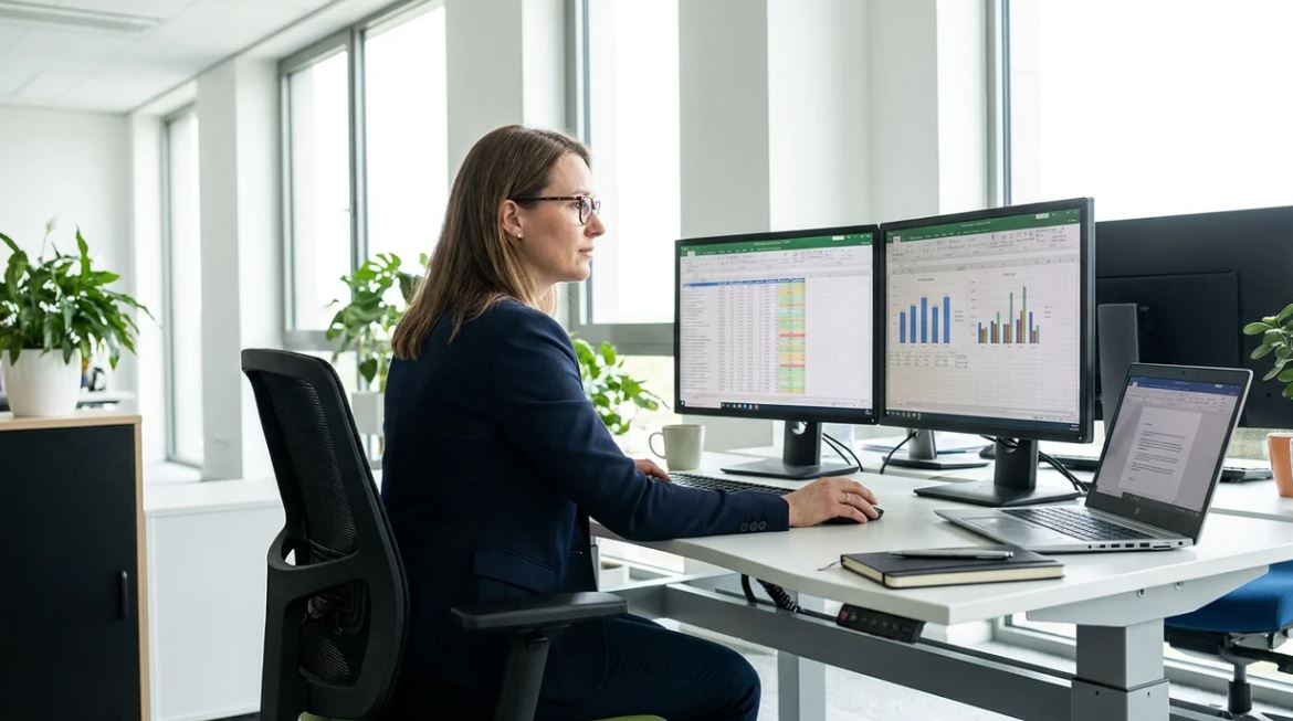Employee investigating issue after saying "I'll look into it" in workplace.