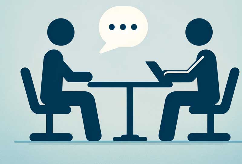 The image depicts a simple representation of a job interview with abstract figures, suggesting a role-play conversation in a professional setting.