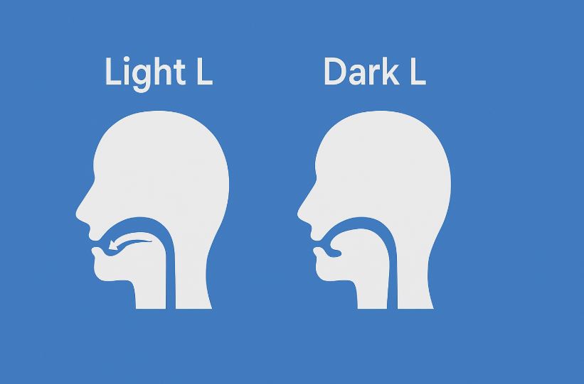 Minimalist illustration of two side-profile heads on a blue background, labeled “Light L” and “Dark L,” showing tongue placement differences for each sound—tongue forward and low for Light L, tongue back and raised for Dark L.