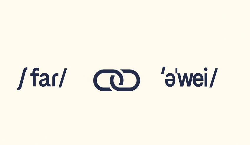 Minimalist 2D illustration showing two connected speech bubbles with a flowing arrow passing through an /r/ symbol, symbolizing how the American R sound links two words in connected speech.