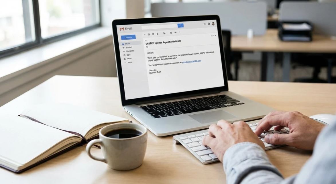 Employee responding to ASAP request in business email on laptop in professional office.