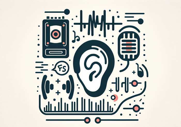 The design includes simple visual elements like an ear, a speech bubble, and waveforms, symbolizing listening, imitation, and syllable stress patterns in language learning.
