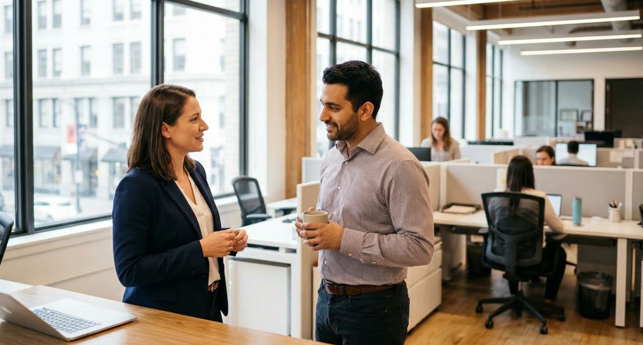Non-native English speaker making a polite request during a professional office conversation in an American workplace.