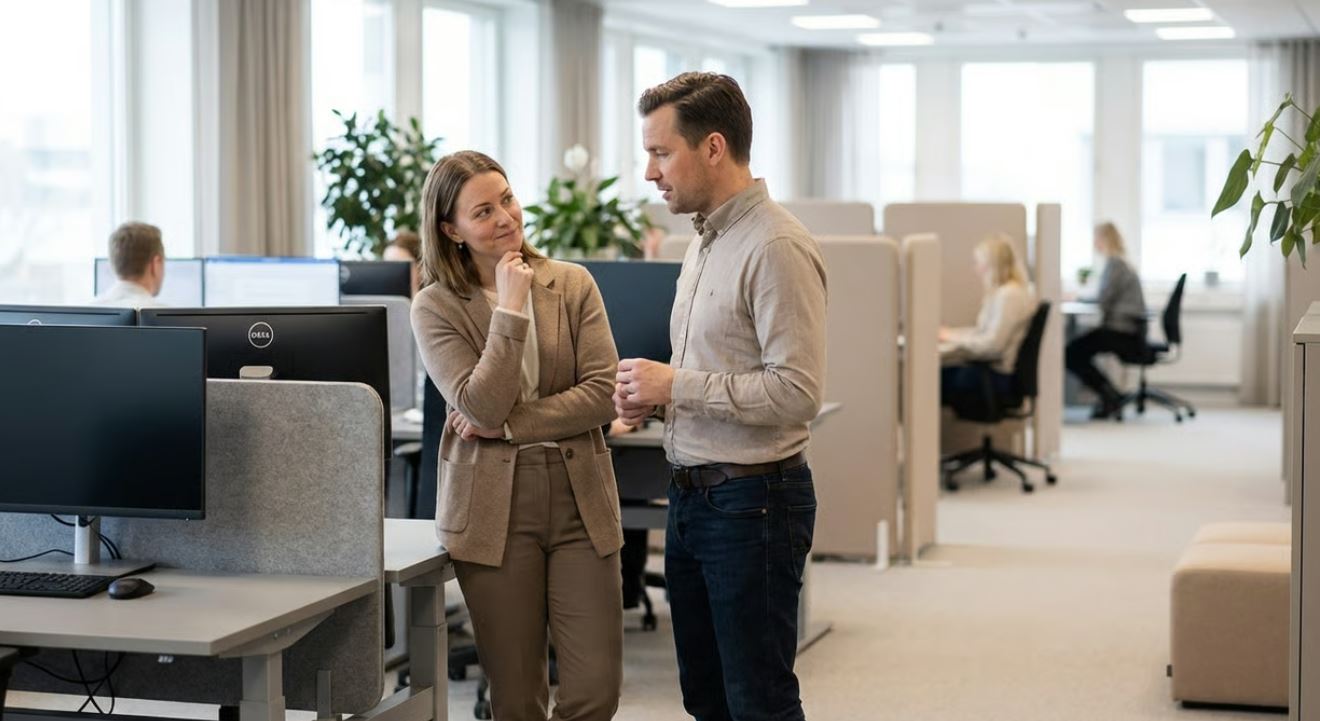Professional asking someone to repeat at work in a one-on-one conversation.