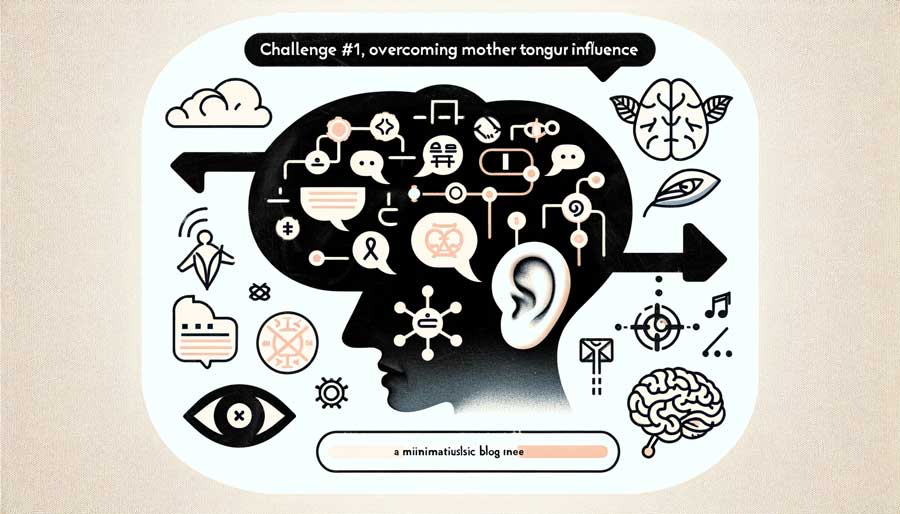 The image includes symbolic representations of contrasting language elements and imagery symbolizing the learning and adaptation process in pronunciation training and Challenge #1: Overcoming Mother Tongue Influence.
