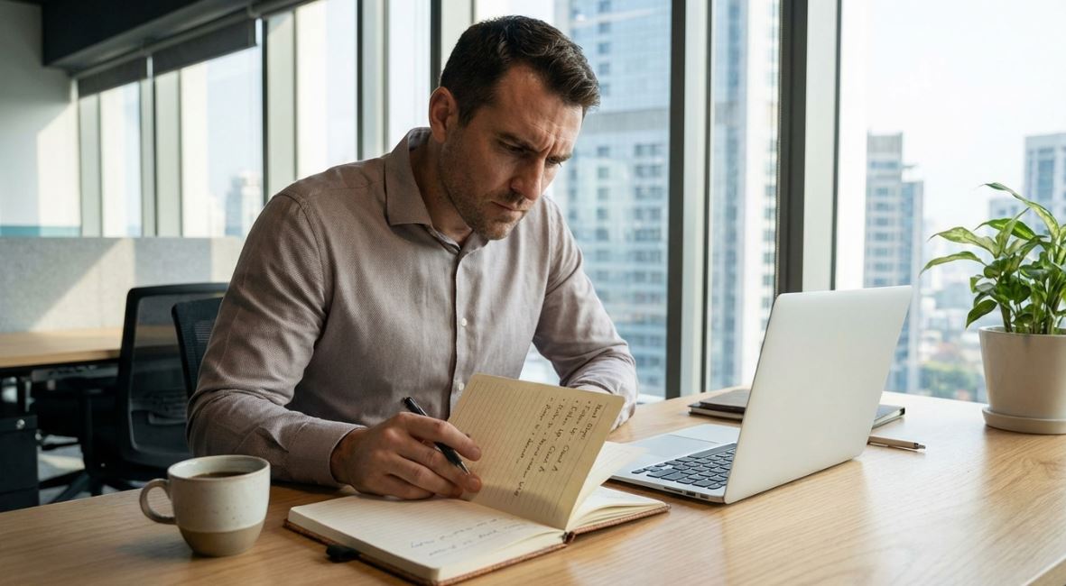 Employee planning follow-up after meeting discussion in professional office.