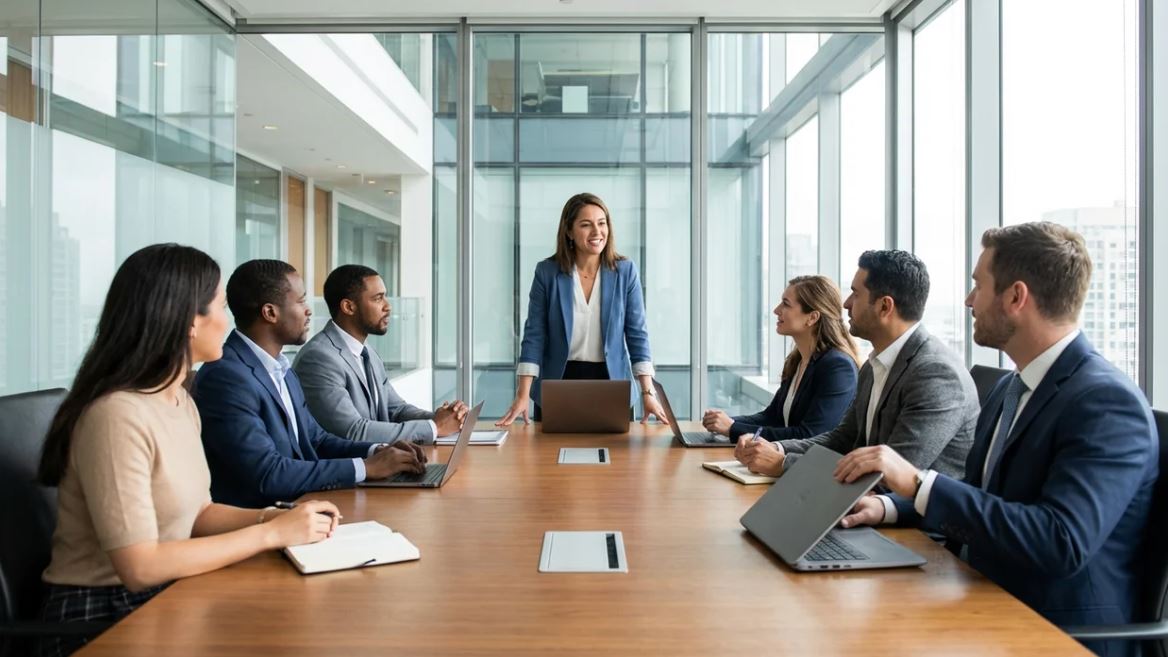 Professional Meeting Wrap-Up Moment Professional business team concluding a meeting in American office while confirming next steps.