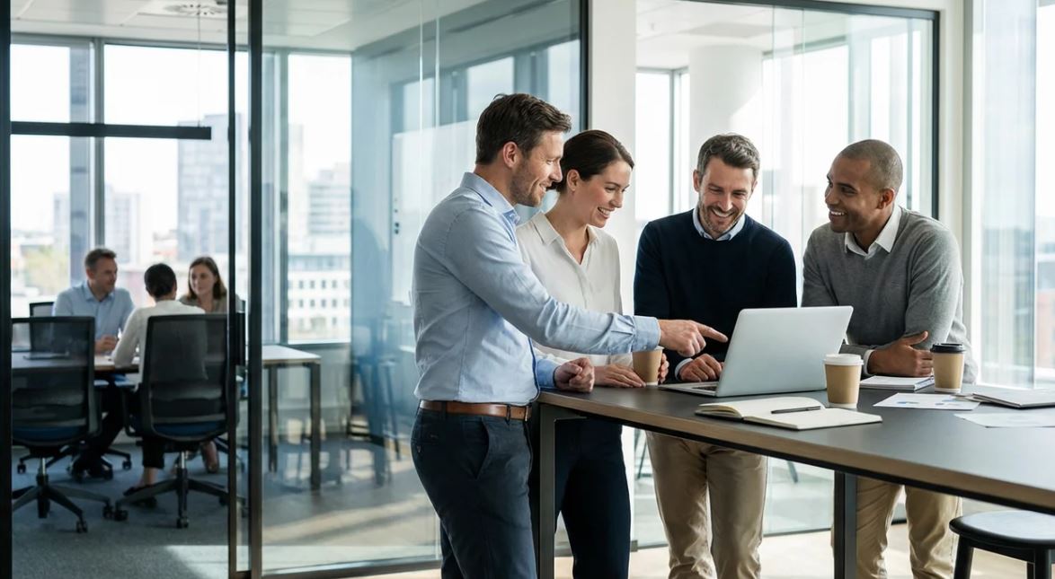 Business team having quick project check-in meeting in modern workplace.