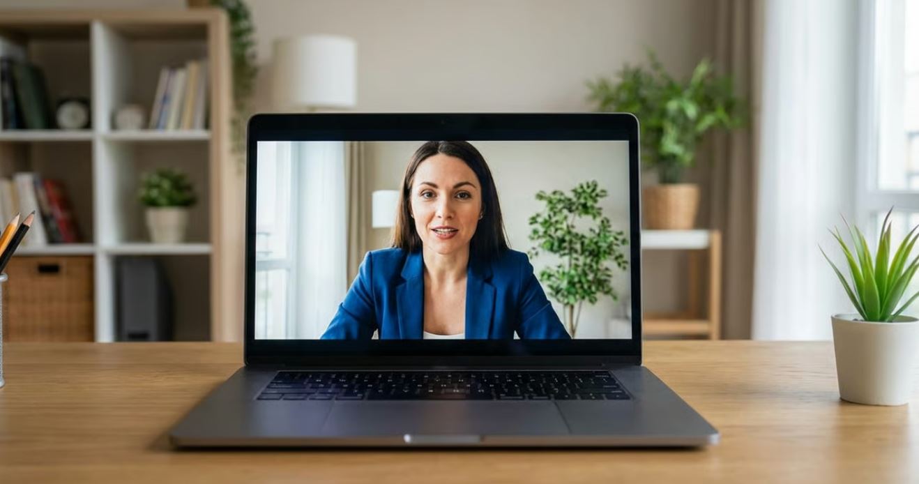 Remote employee asking for clarification at work during a video call.