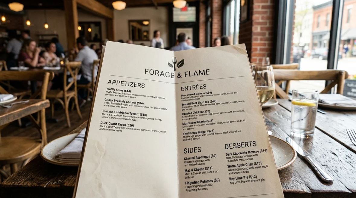 Restaurant menu showing appetizers, entrées, sides, and desserts in an American restaurant.