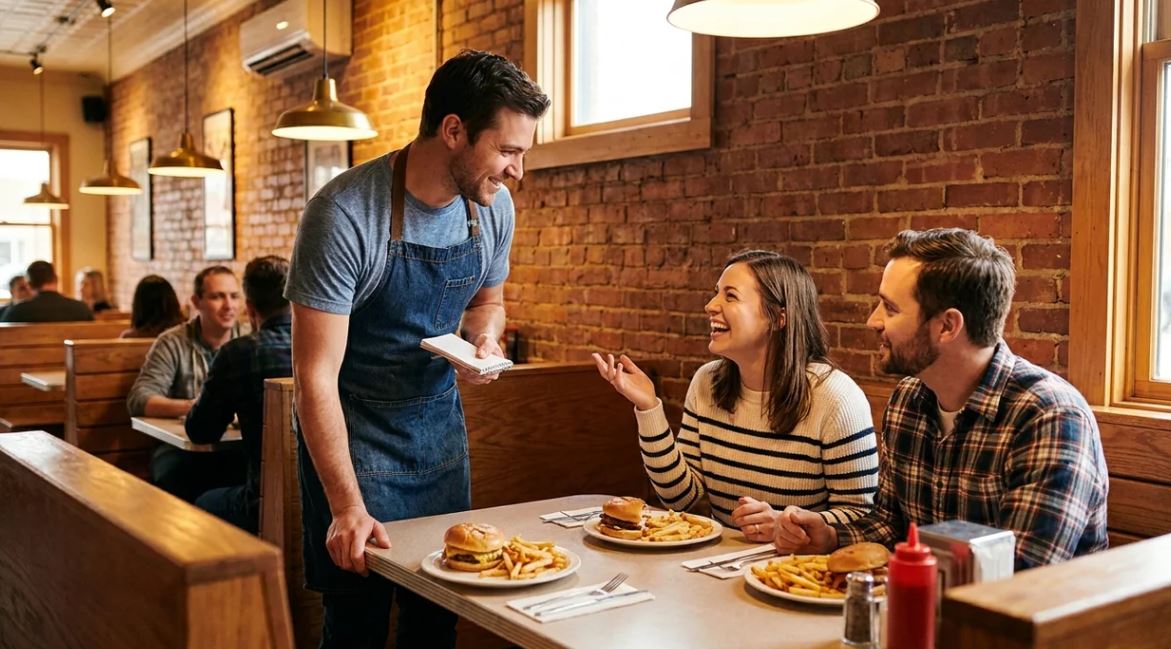 American restaurant server asking customers how their day is going during a meal.