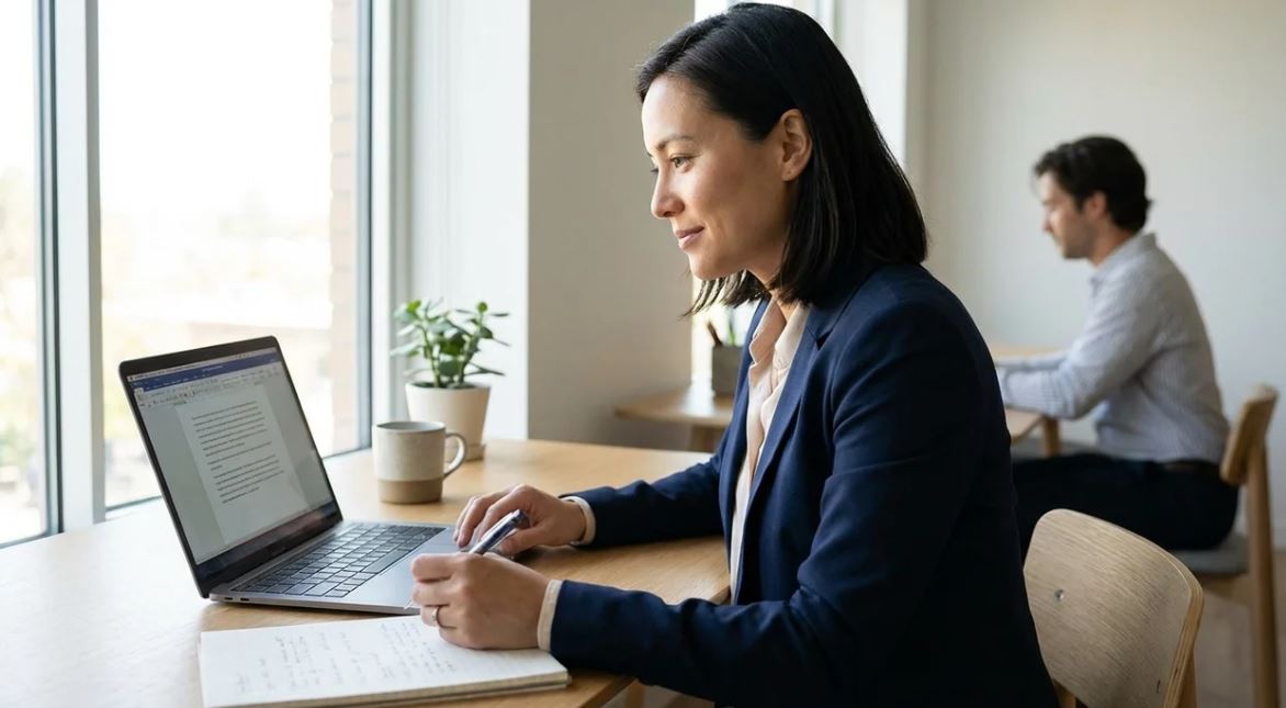 Professional reviewing shared business document sent for reference in office environment.
