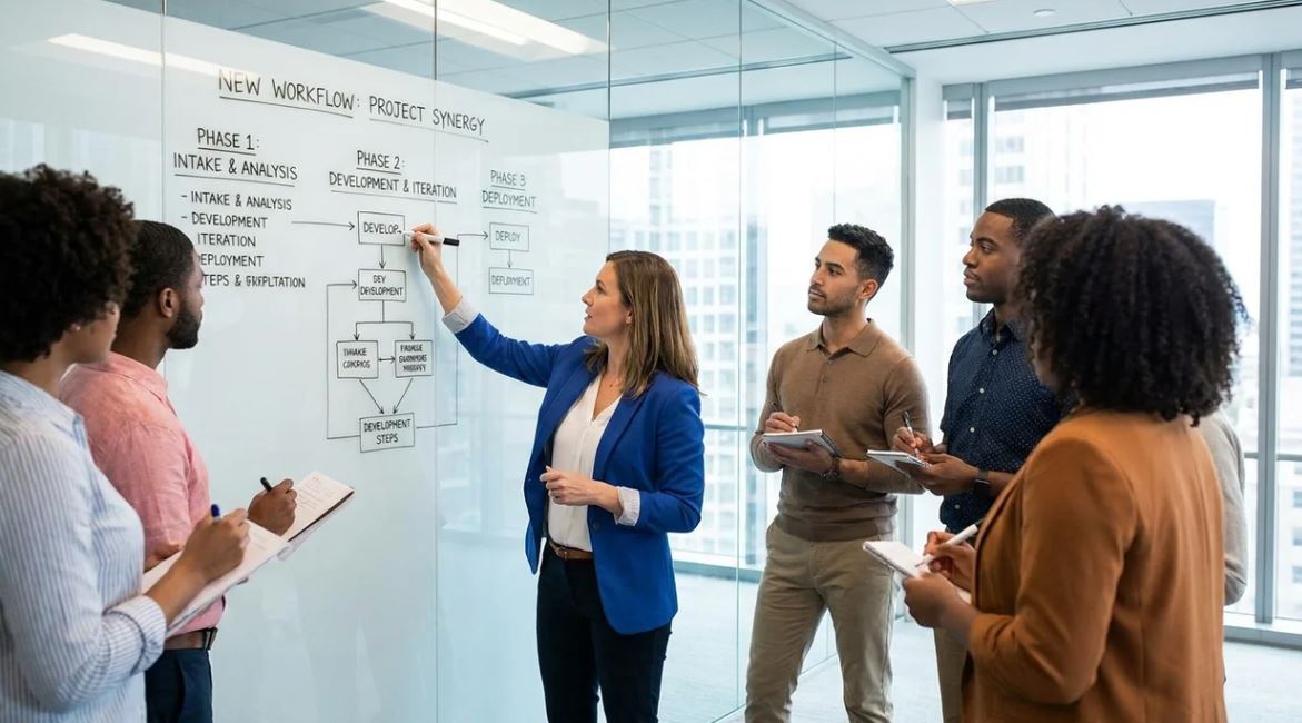 Manager setting new process using “going forward” in team meeting.