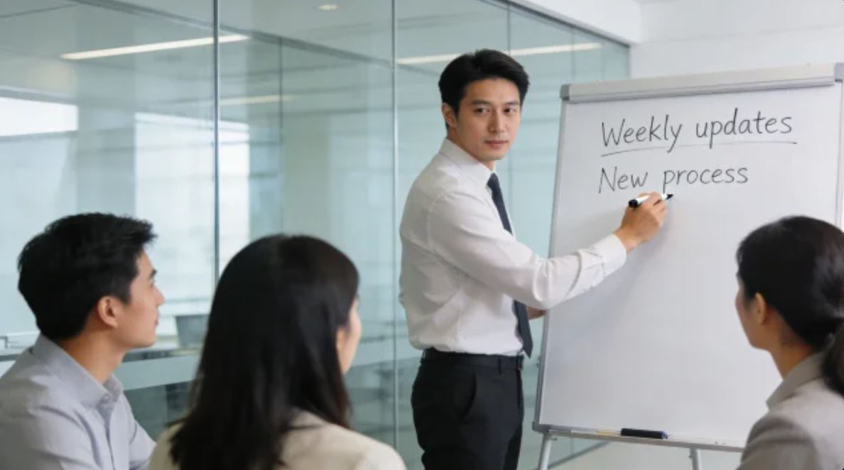 Manager setting new workflow and expectations during a team meeting.