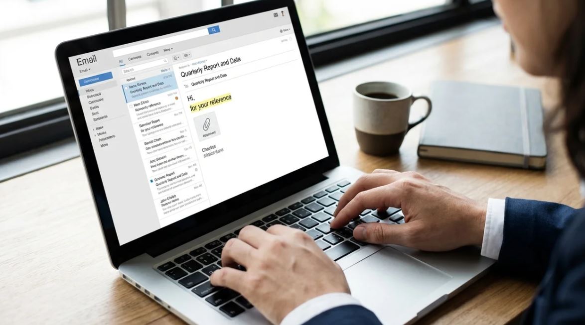 Employee sending email with attached report for reference in professional office.