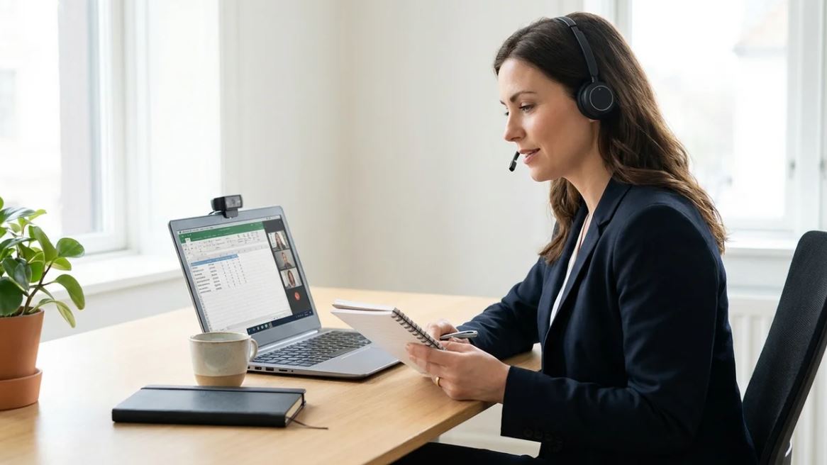 Employee having quick call to touch base about project update in office.