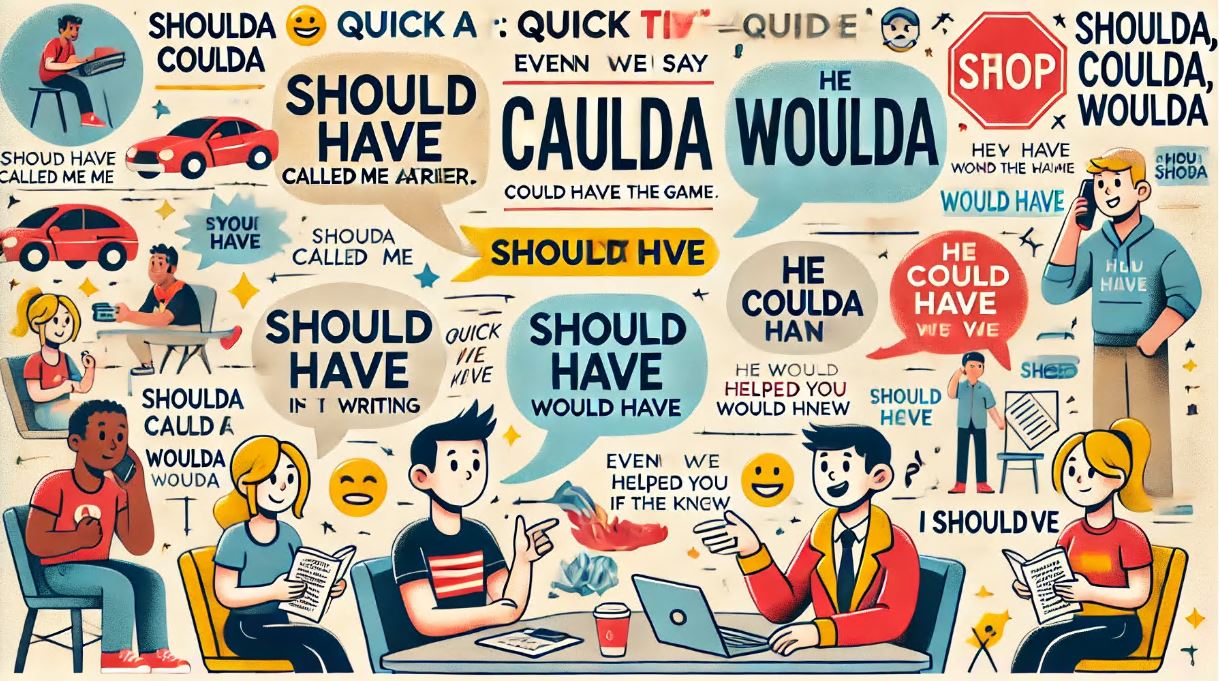 An educational image explaining the common reductions 'Shoulda, Coulda, Woulda' (Should have, Could have, Would have) in American English. The graphic includes speech bubbles with example sentences showing the spoken forms and their correct usage. A quick tip highlights that while people say 'shoulda,' in writing, 'should’ve' is used instead. The design is visually engaging with emojis and a conversational layout to enhance learning.